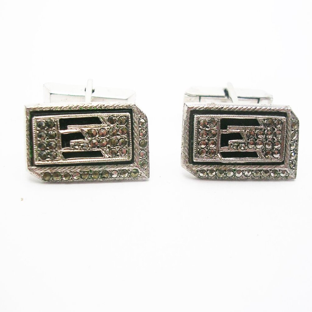 Sterling Silver Initial E Cuff Links Marcasite Ge… - image 1